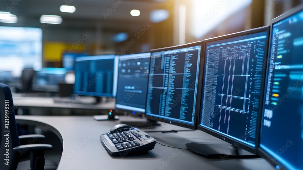 Advanced IT Control Room with Holographic Data Projections and Digital Monitoring Screens Advanced IT Control Room with Holographic Data Projections and Digital Monitoring Screens