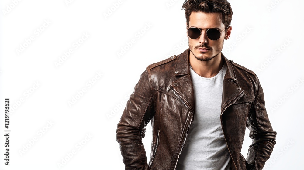 Obraz premium A male model wearing a vintage leather jacket and sunglasses, posing with his hand in his pocket on a white isolated background
