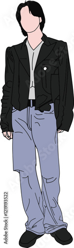 Stylized faceless artwork featuring a casually dressed person wearing a black jacket and jeans. This minimalist representation focuses on simplicity and modern aesthetics.