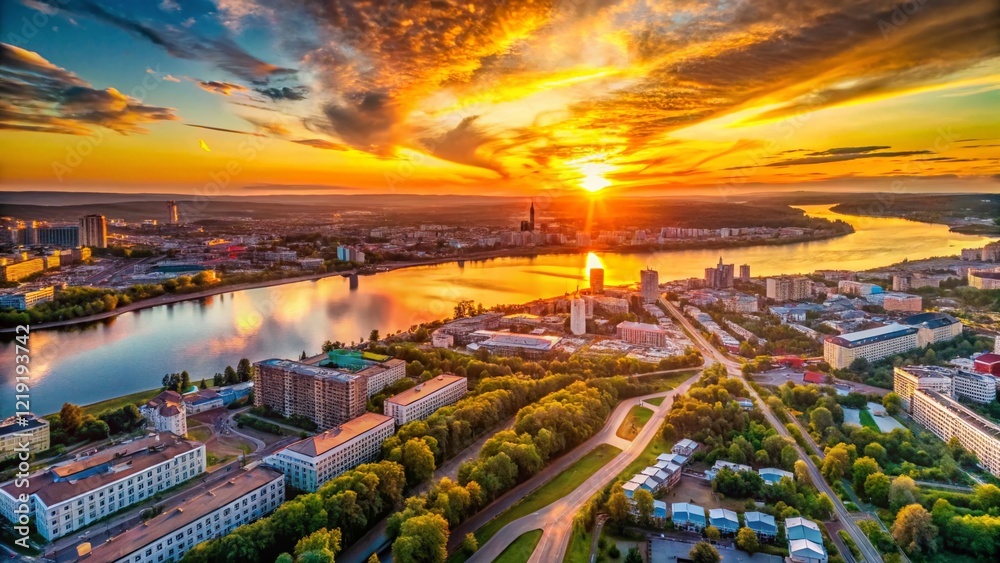 Naklejka premium Panoramic Aerial Sunset View of Perm City and Kama River, Russia - Drone Photography