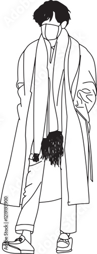 Black and white outline illustration of a man wearing modern winter clothing, including a scarf and long coat. Reflects contemporary fashion styles with a minimalistic artistic approach to detail.