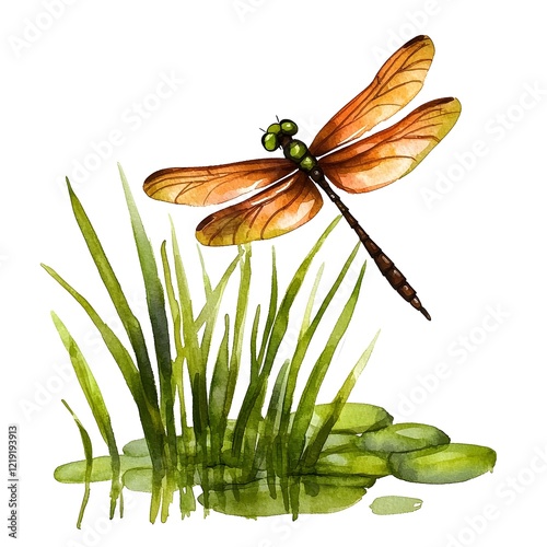 Elegant dragonfly in lush green grass nature scene watercolor art tranquil environment close-up viewpoint serenity concept