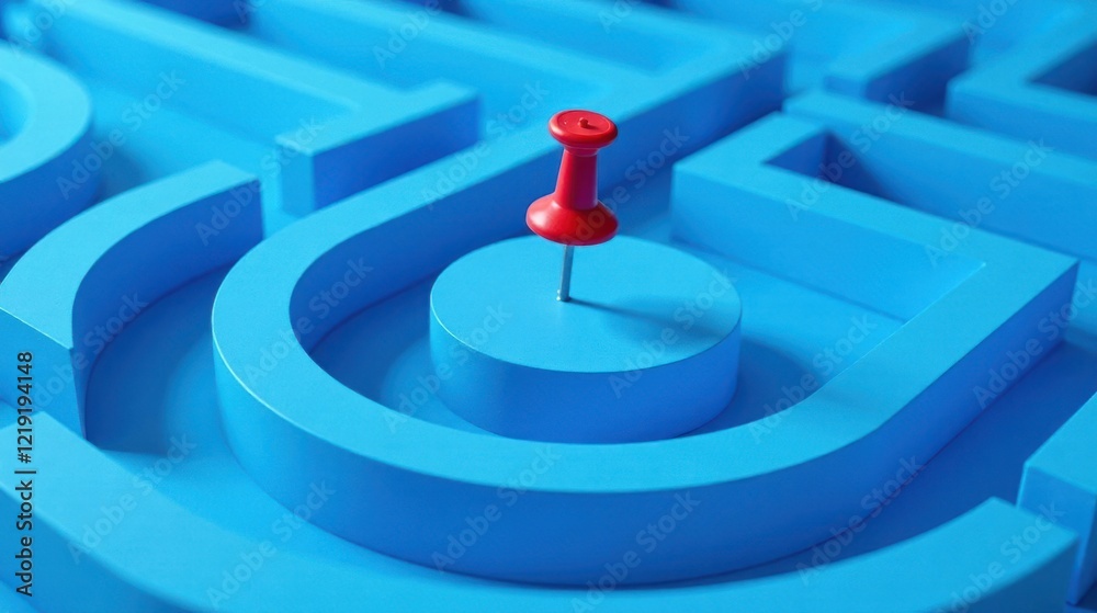 A red pin marks the center of a complex blue maze, symbolizing the journey to finding a solution and overcoming challenges in a problem-solving process. A red pin marks the center of a complex blue maze, symbolizing the journey to finding a solution and overcoming challenges in a problem-solving process.