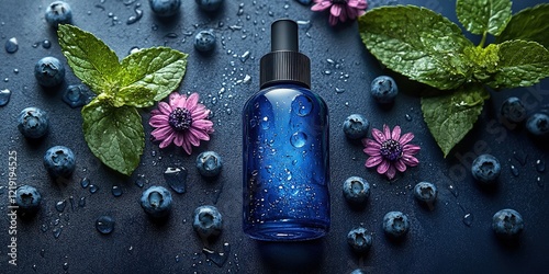 A blue glass dropper bottle surrounded by fresh mint leaves, blueberries, and purple flowers, set on a dark surface with water droplets. photo