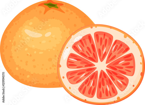 Ripe grapefruit showing its whole fruit and a half, highlighting the juicy texture and segments of the citrus fruit, creating a vibrant and refreshing image