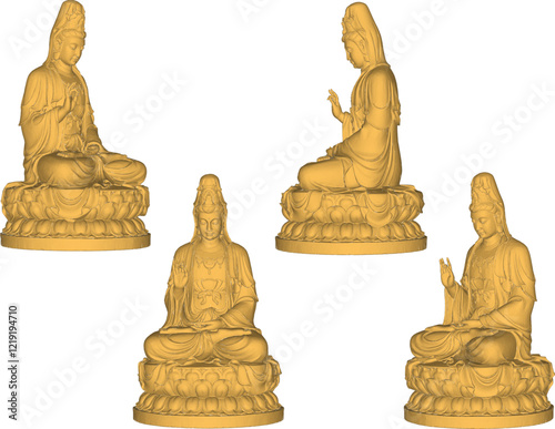 Vector sketch illustration of traditional wisdom goddess statue decoration design giving blessing on lotus leaf