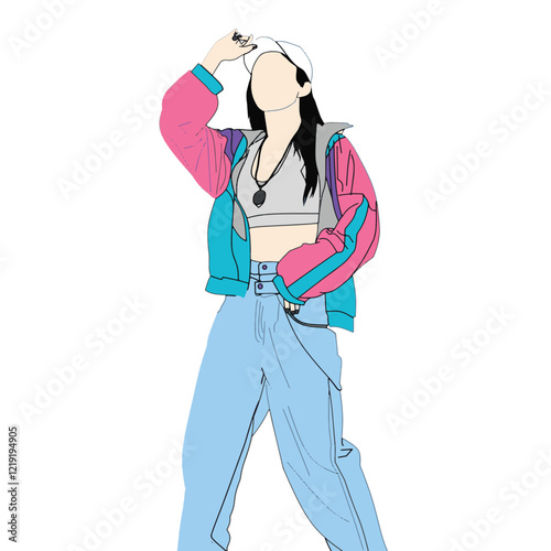 Vector illustration depicting a fashionable person wearing colorful modern streetwear and accessorizing with statement pieces, expressing urban contemporary style in a bold and creative way.