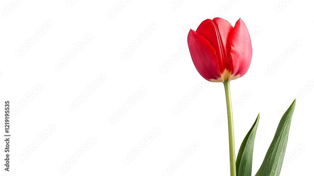 Vibrant Red Tulip Bloom with Smooth Green Stem against Isolated White Background Vibrant Red Tulip Bloom with Smooth Green Stem against Isolated White Background