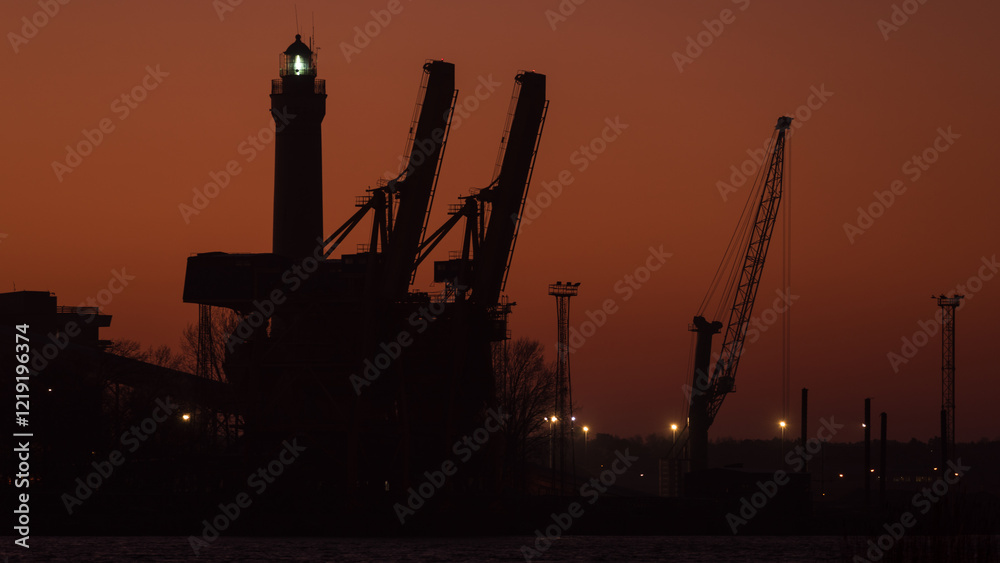 Obraz premium SEA PORT IN SWINOUJSCIE - The lighthouse and the quay of transshipment terminal at sunrise