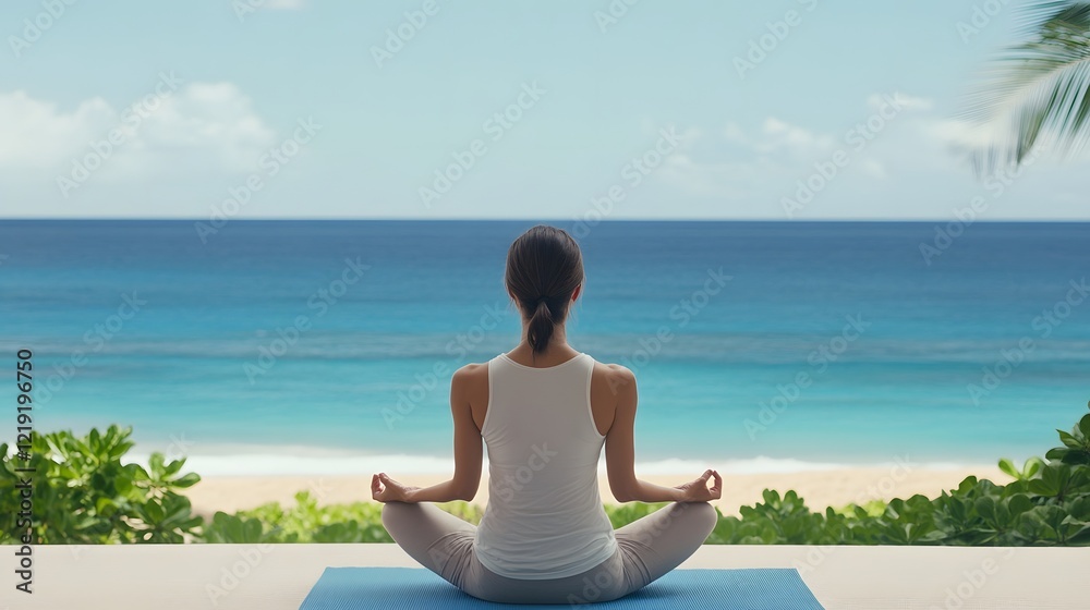 Fototapeta premium Woman Meditating on Yoga Mat with Serene Beach Background for Mindful Lifestyle