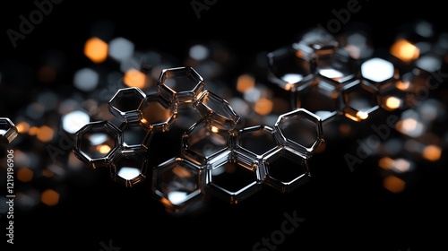 a 3d rendering of hexagonal shapes and lights against a black background. photo