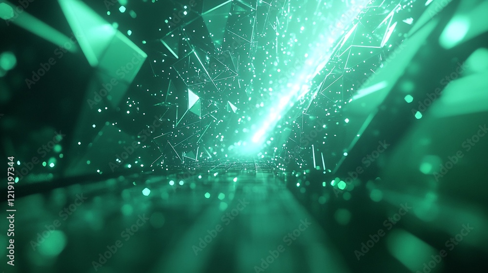 Obraz premium Abstract digital tunnel with green lights and geometric patterns.