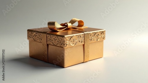 A luxurious golden gift box with an elegant embossed design and a delicate ribbon bow, perfect for a special occasion