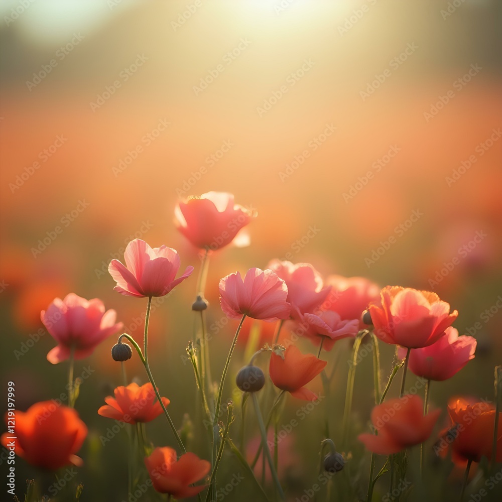 Fototapeta premium The image depicts a field of vibrant pink flowers in the foreground, with a soft blur of warm orange and yellow hues in the background, suggesting a sunrise or sunset.