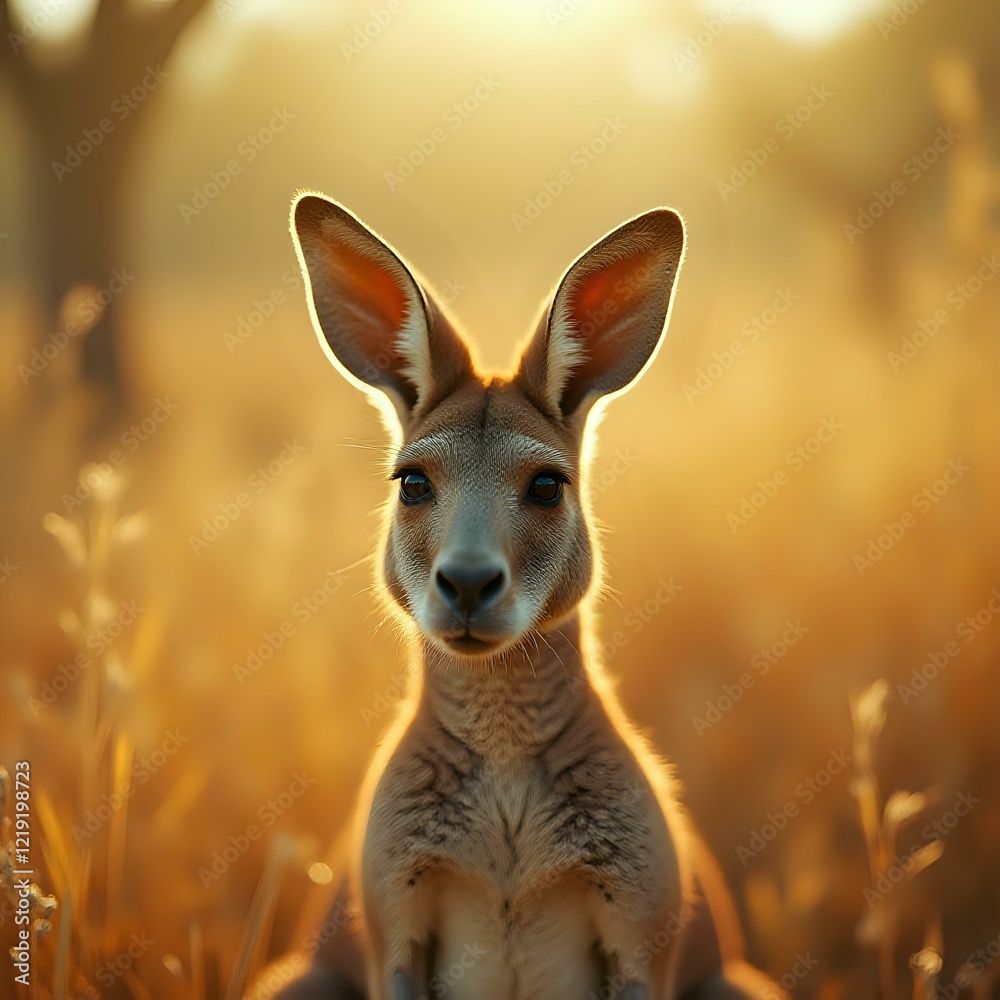 A close-up of a kangaroo's head and chest against a blurred golden background, with warm lighting suggesting a sunny day. A close-up of a kangaroo's head and chest against a blurred golden background, with warm lighting suggesting a sunny day.