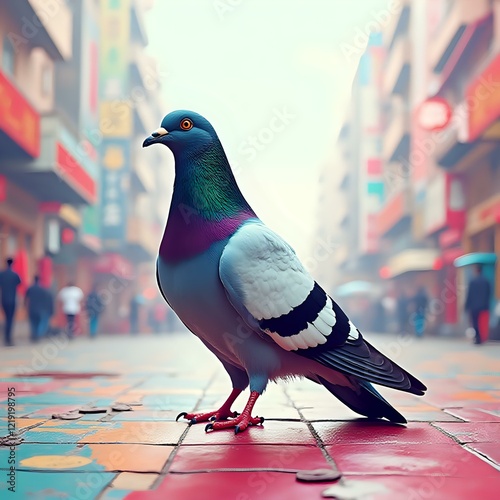 A colorful bird with a blue head, green neck, and white and black wingtips stands on a patterned tiled street in an urban setting.