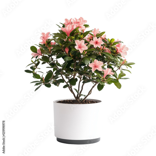 A vibrant azalea plant in a white pot, featuring delicate pink flowers isolated on white background and transparent background. photo