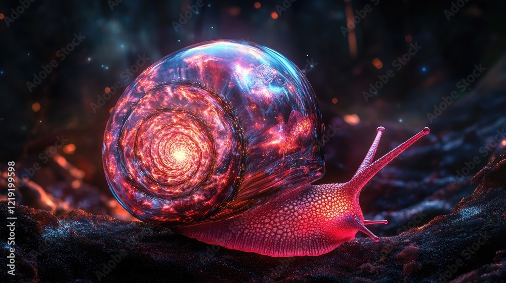 Glowing, cosmic snail on a dark, textured surface with bokeh lights. Glowing, cosmic snail on a dark, textured surface with bokeh lights.