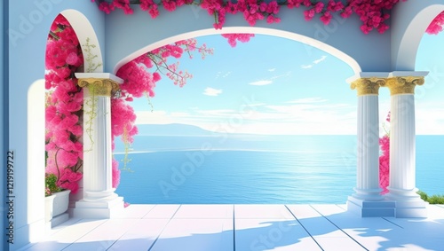 Greek island architecture, white pillars, arched doorway, vibrant pink bougainvillea flowers, wooden deck, ocean view, blue sky, sunlit scene, romantic atmosphere, Mediterranean style, dreamy destinat photo