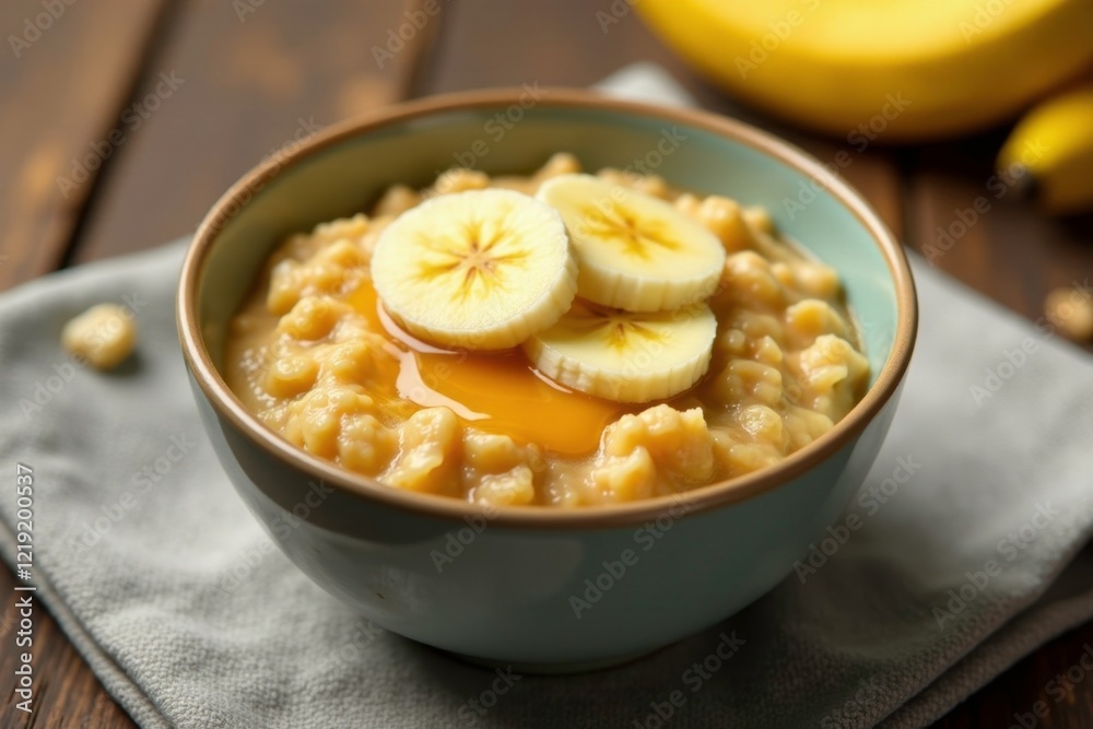 Hearty oatmeal with sliced banana and honey in a ceramic bowl, morning, ceramic Hearty oatmeal with sliced banana and honey in a ceramic bowl, morning, ceramic