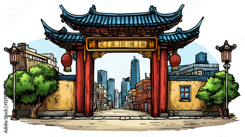 Vector comic hand-drawn illustration of Chinatown gate. Chinatown gate in New York