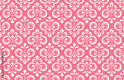 Wallpaper in the style of Baroque. Seamless vector background. White and pink floral ornament. Graphic pattern for fabric, wallpaper, packaging. Ornate Damask flower ornament