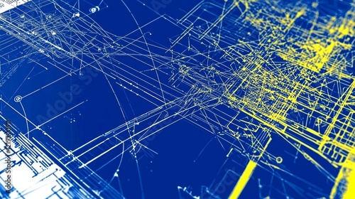 overlay, scatter and fusion concept. Abstract digital lines and patterns in blue and yellow tones.