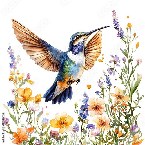 Hummingbird in flight flower garden digital vibrant colors close-up nature beauty