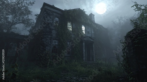 Spooky, abandoned house at night with full moon and fog.