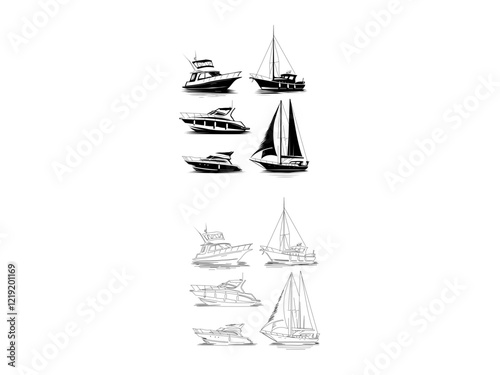 A minimalist black and white drawing of a sailboat on calm waters. Vector illustration and line art sailboat set design.