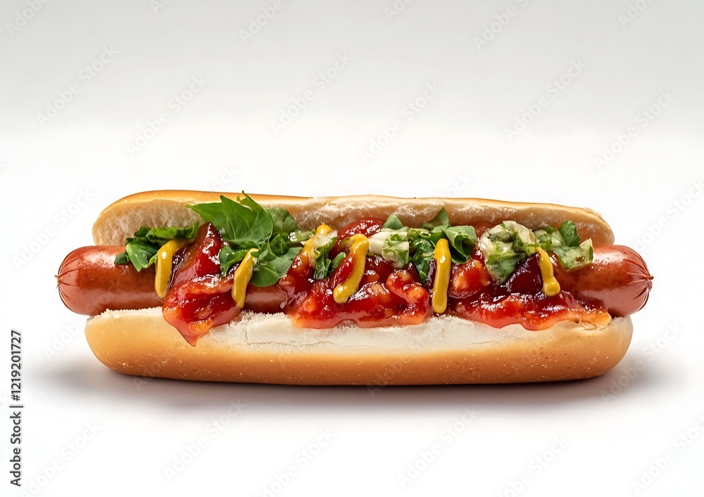 A Delicious Hot Dog Topped With Ketchup Mustard and Greens A Delicious Hot Dog Topped With Ketchup Mustard and Greens