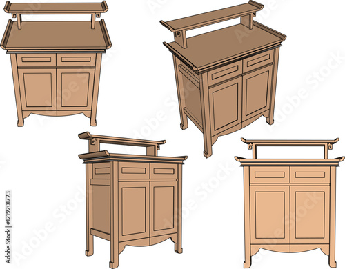 vector sketch of traditional ethnic vintage classic worship wooden table furniture offering