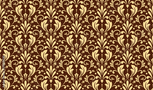 Wallpaper in the style of Baroque. Seamless vector background. Golden and brown floral ornament. Graphic pattern for fabric, wallpaper, packaging. Ornate Damask flower ornament