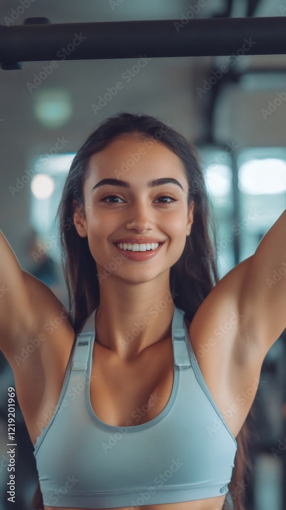 Happy sporty woman lifting weights and smiling at gym Happy sporty woman lifting weights and smiling at gym
