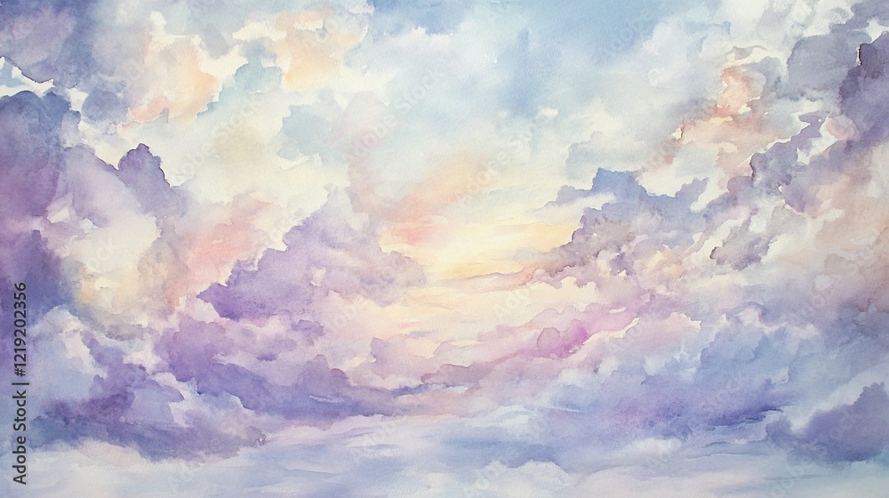 Fototapeta premium Pastel watercolor painting of a dreamy, colorful sunset sky filled with fluffy clouds.