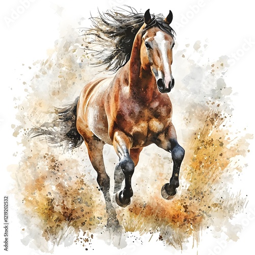 Running horse in nature watercolor dynamic environment artistic perspective