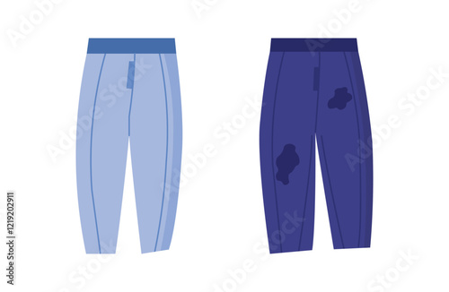 Illustration of two pants, one clean and light blue, other one dark blue with stains and patches