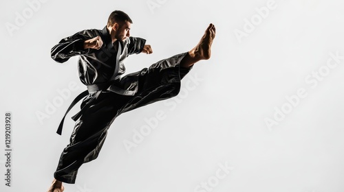 A martial artist performing a high kick with focus and precision, in full combat gear, on a white isolated background