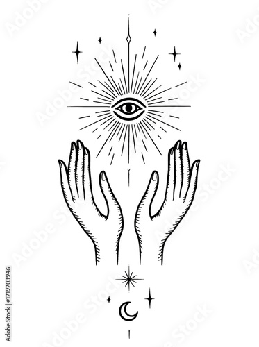 Illustration of two hands reaching towards an all-seeing eye surrounded by rays, stars, and celestial symbols in a minimalist style.
