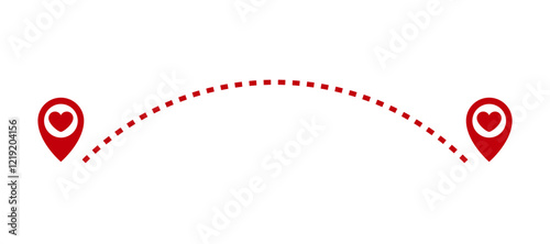 Two red markers with hearts inside, connected by a dashed line. The line curves, connecting the path between the two points. Design for Valentine's Day. 14 February.