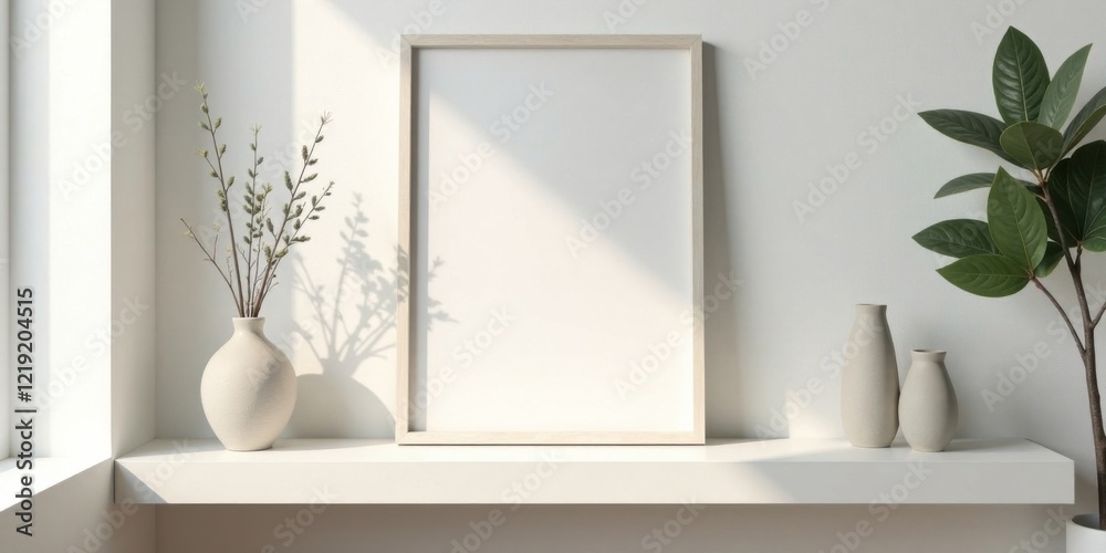 Minimalist Home Decor Blank Frame, Neutral Vases, and Greenery on a Shelf Minimalist Home Decor Blank Frame, Neutral Vases, and Greenery on a Shelf