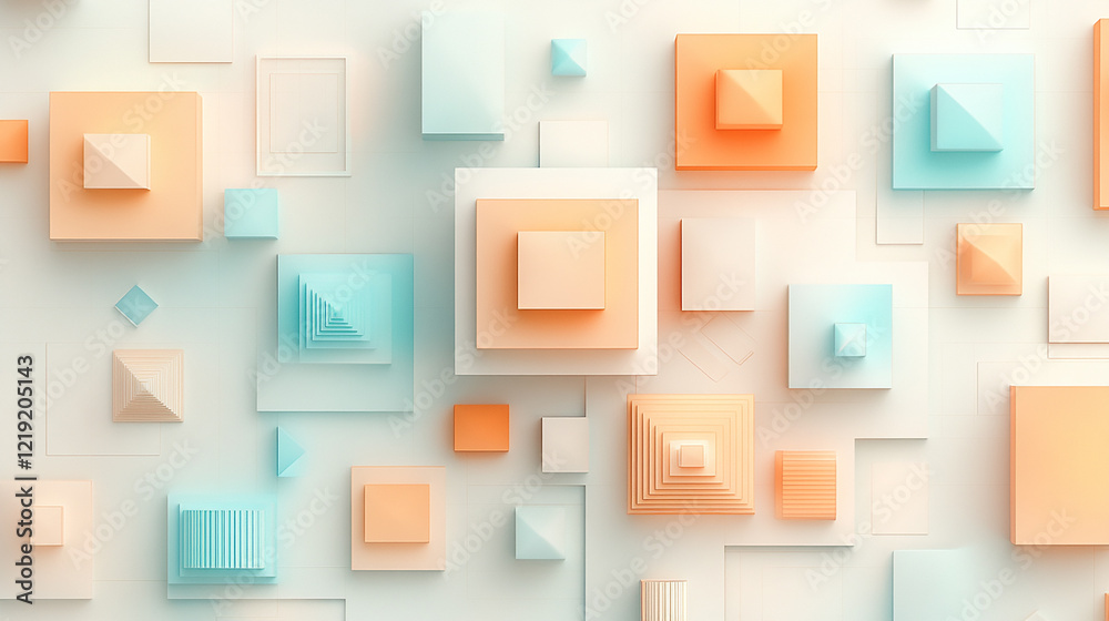 Abstract 3D Geometric Shapes with Soft Pastel Colors and Layers