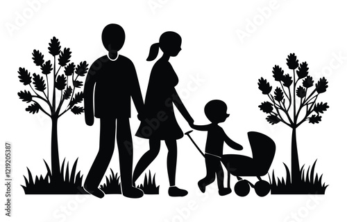 
A family outing parents and baby stroll in the park silhouette illustration  white background.