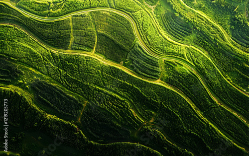 Aerial perspective of a lush green field with endless rows of crops glowing under the warm hues of a setting sun photo