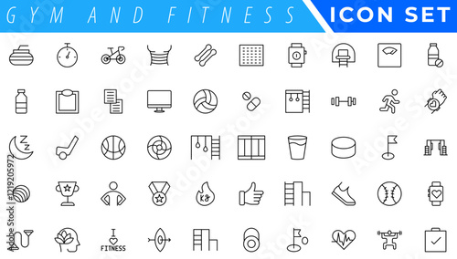 Gym and fitness icon set. Containing healthy lifestyle, weight training, body care and workout or exercise equipment icons. Solid icons vector collection.