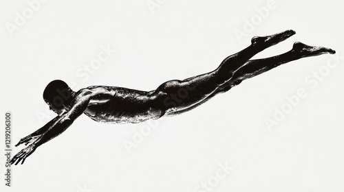 A swimmer performing a backstroke, captured mid-motion in the pool, on a white isolated background