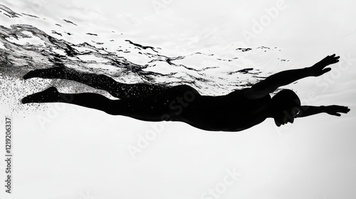 A swimmer performing a backstroke, captured mid-motion in the pool, on a white isolated background