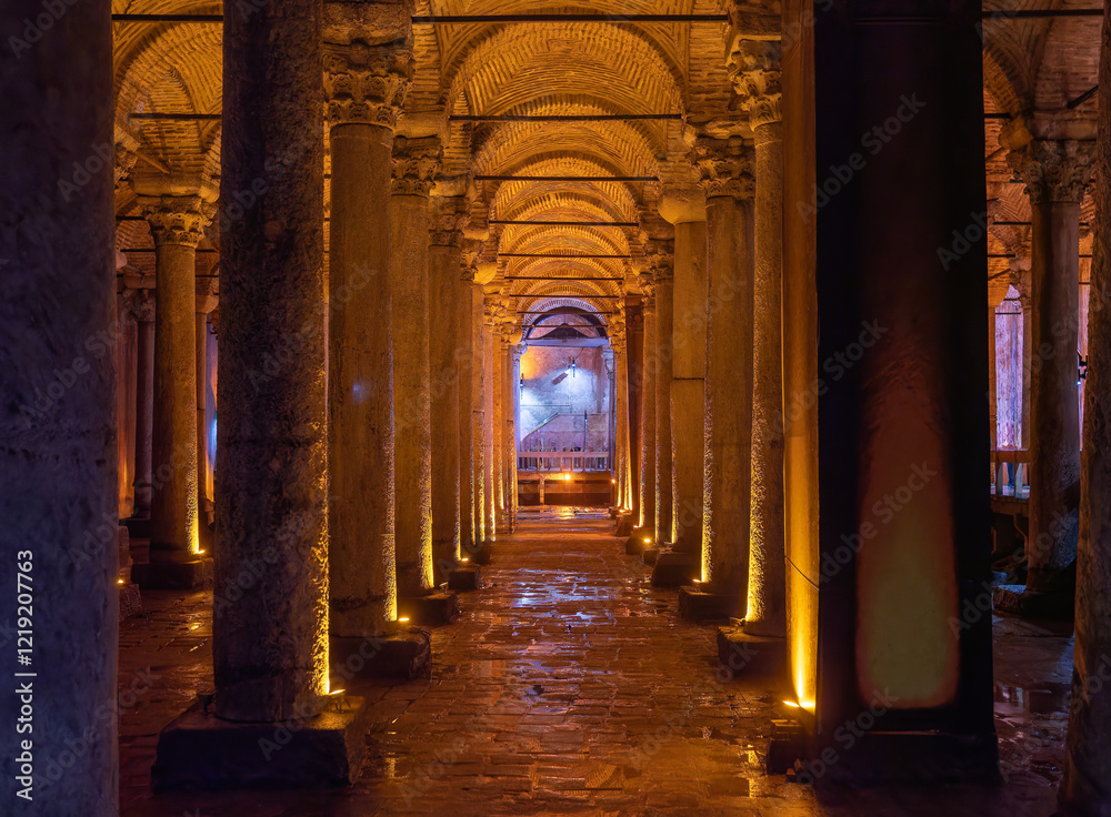 Fototapeta premium Illuminated Interior of an Ancient Underground Columned Structure, Istanbul, Turkey