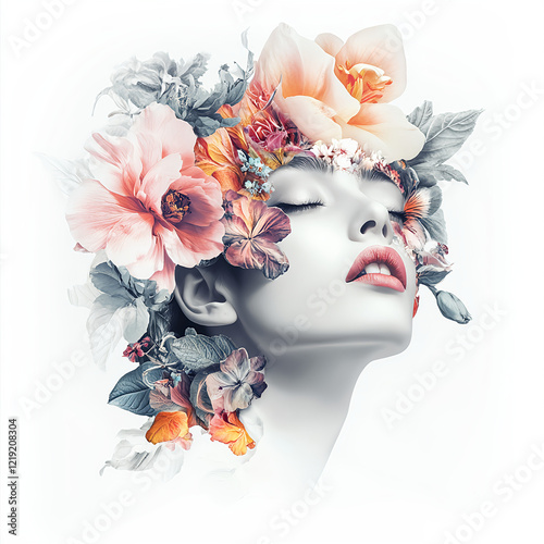 vintage woman with artistic floral elements, showcasing beauty and nature