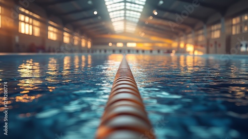 Indoor swimming pool with lane line, sunlight through high ceiling.